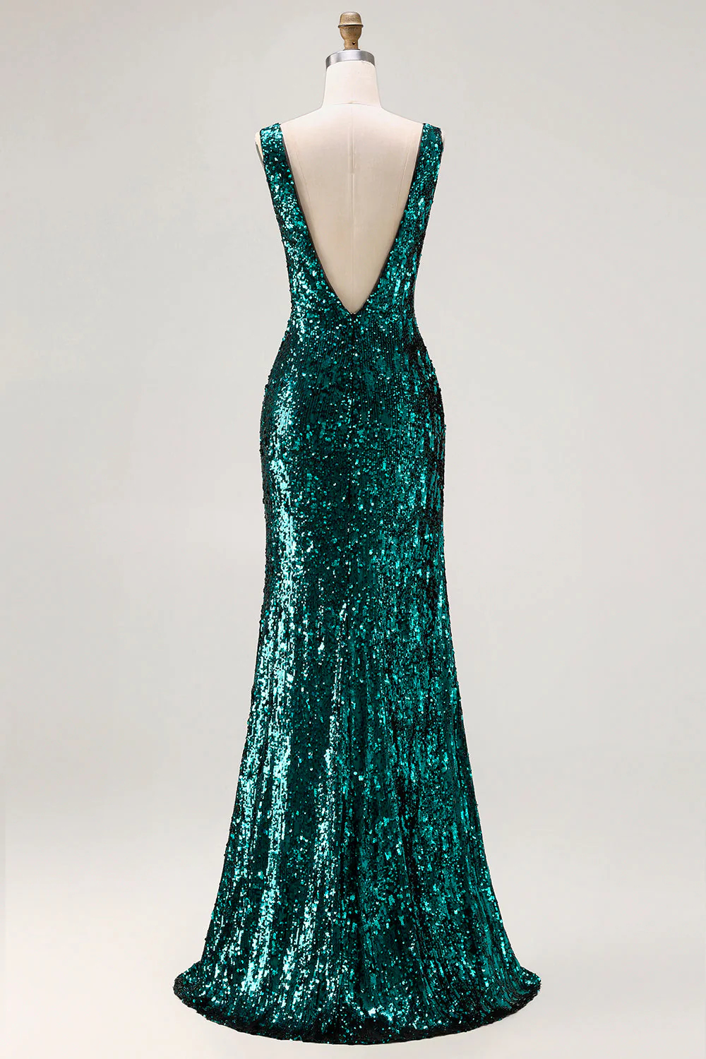 Sparkly Peacock Green Mermaid Open Back Sequin Long Prom Dress with Slit - Image 2