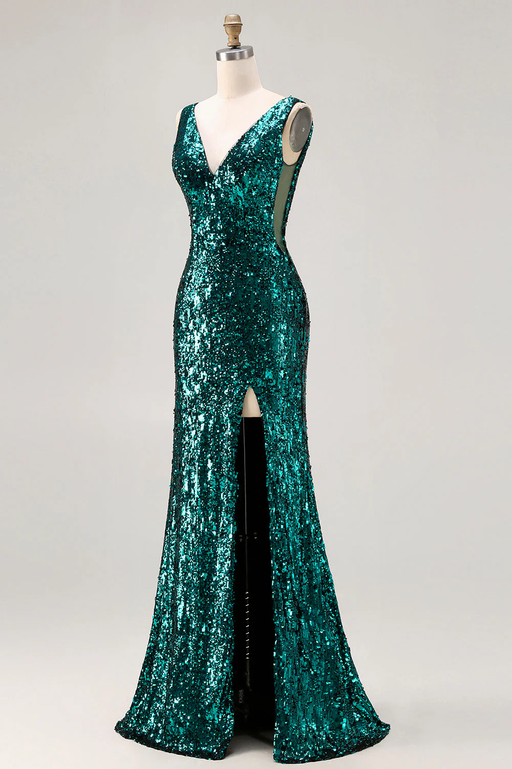 Sparkly Peacock Green Mermaid Open Back Sequin Long Prom Dress with Slit - Image 3