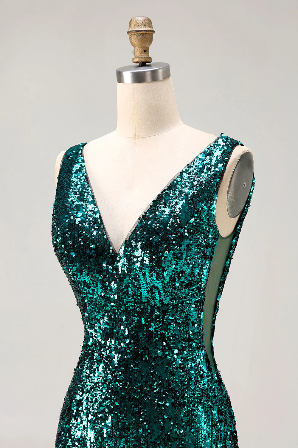 Sparkly Peacock Green Mermaid Open Back Sequin Long Prom Dress with Slit - Image 6