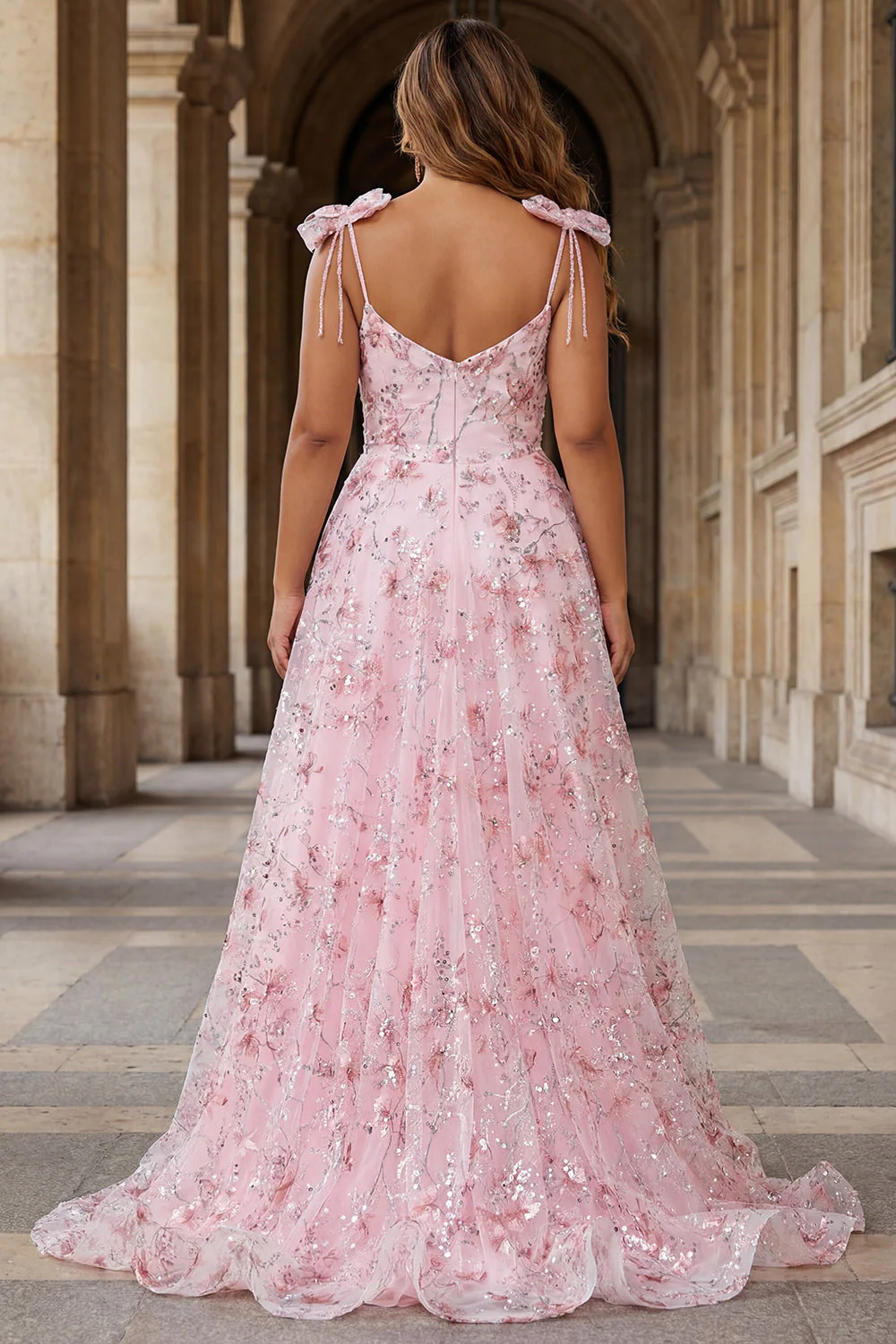 Sparkly Pink A-Line Floral Sequins Long Plus Size Prom Dress with Bows - Image 2