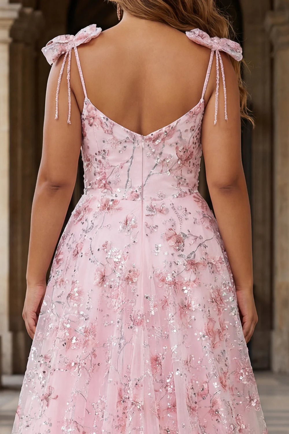 Sparkly Pink A-Line Floral Sequins Long Plus Size Prom Dress with Bows - Image 4