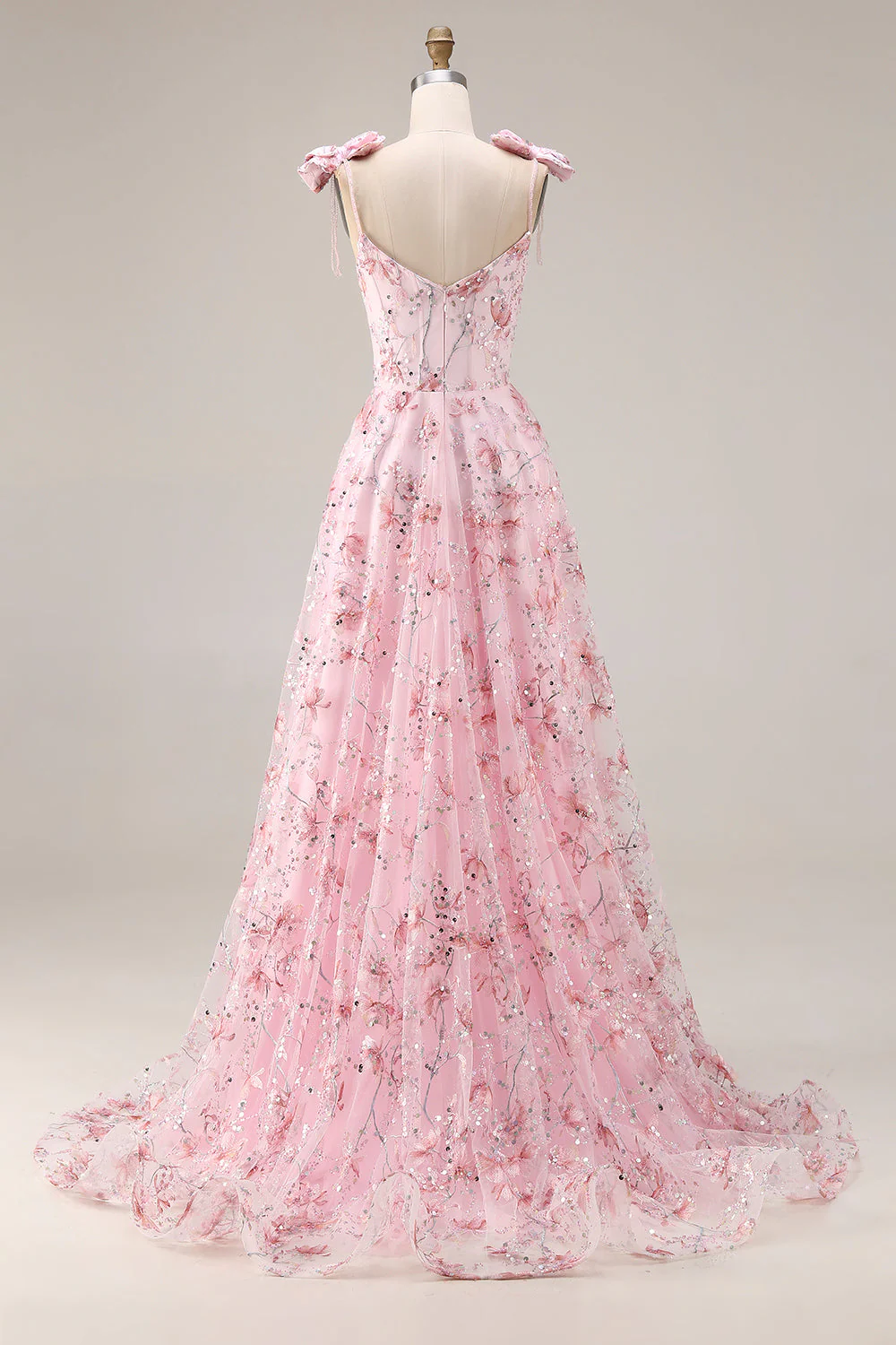 Sparkly Pink A-Line Floral Sequins Long Prom Dress with Bows - Image 2