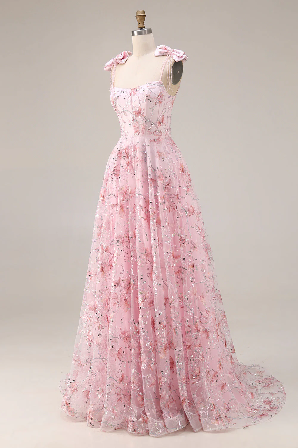 Sparkly Pink A-Line Floral Sequins Long Prom Dress with Bows - Image 3