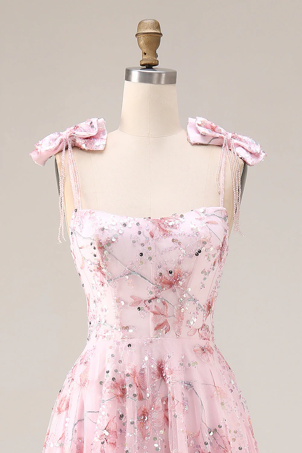 Sparkly Pink A-Line Floral Sequins Long Prom Dress with Bows - Image 4