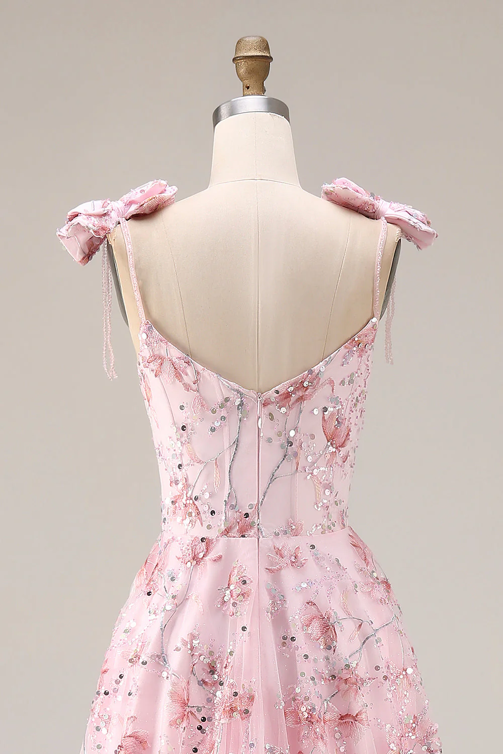 Sparkly Pink A-Line Floral Sequins Long Prom Dress with Bows - Image 5