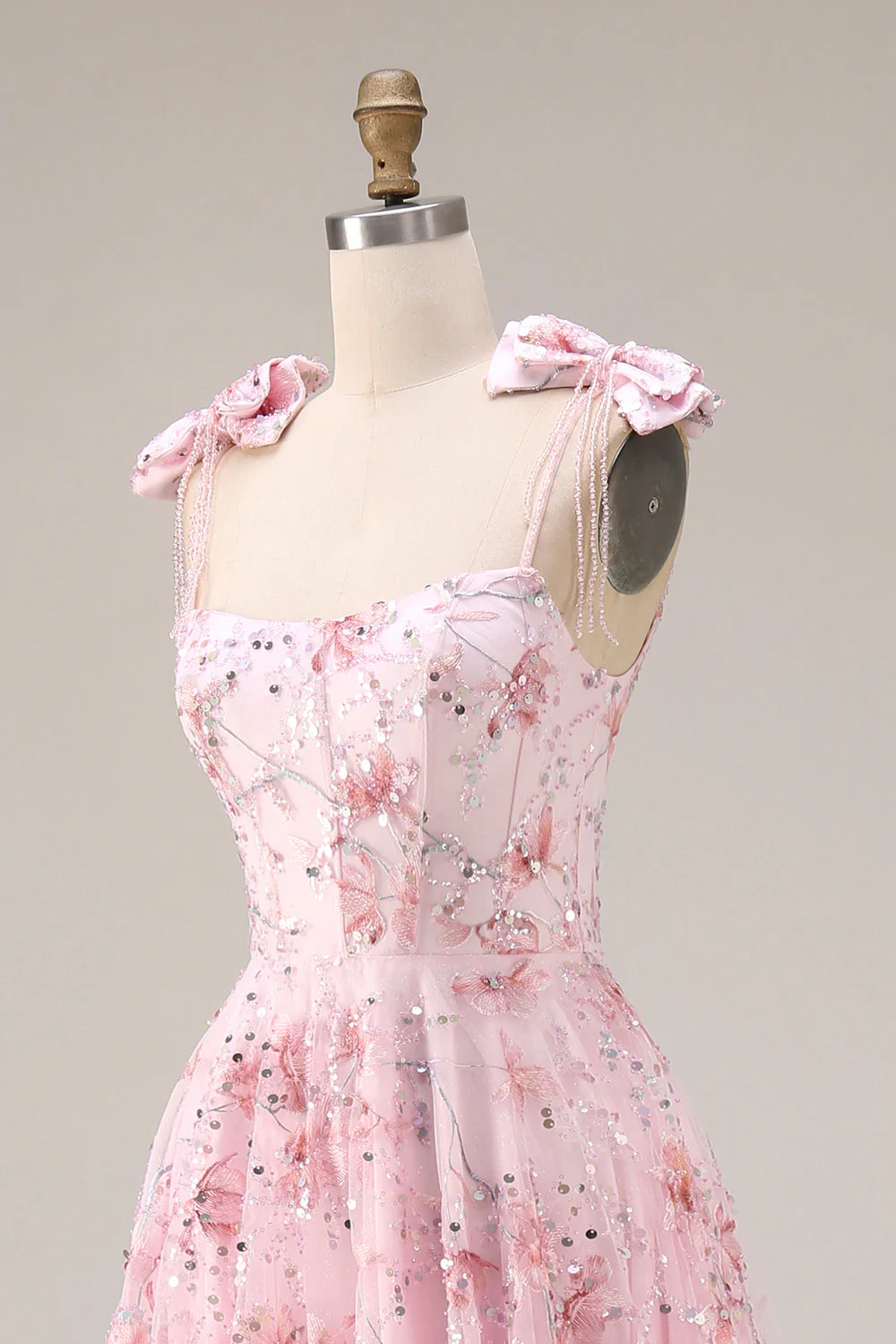 Sparkly Pink A-Line Floral Sequins Long Prom Dress with Bows - Image 6