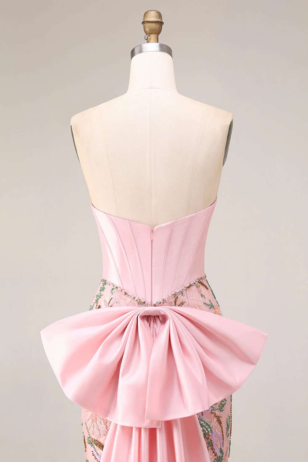 Sparkly Pink Appliqued Basque Waist Mermaid Long Prom Dress with Bowknot - Image 10