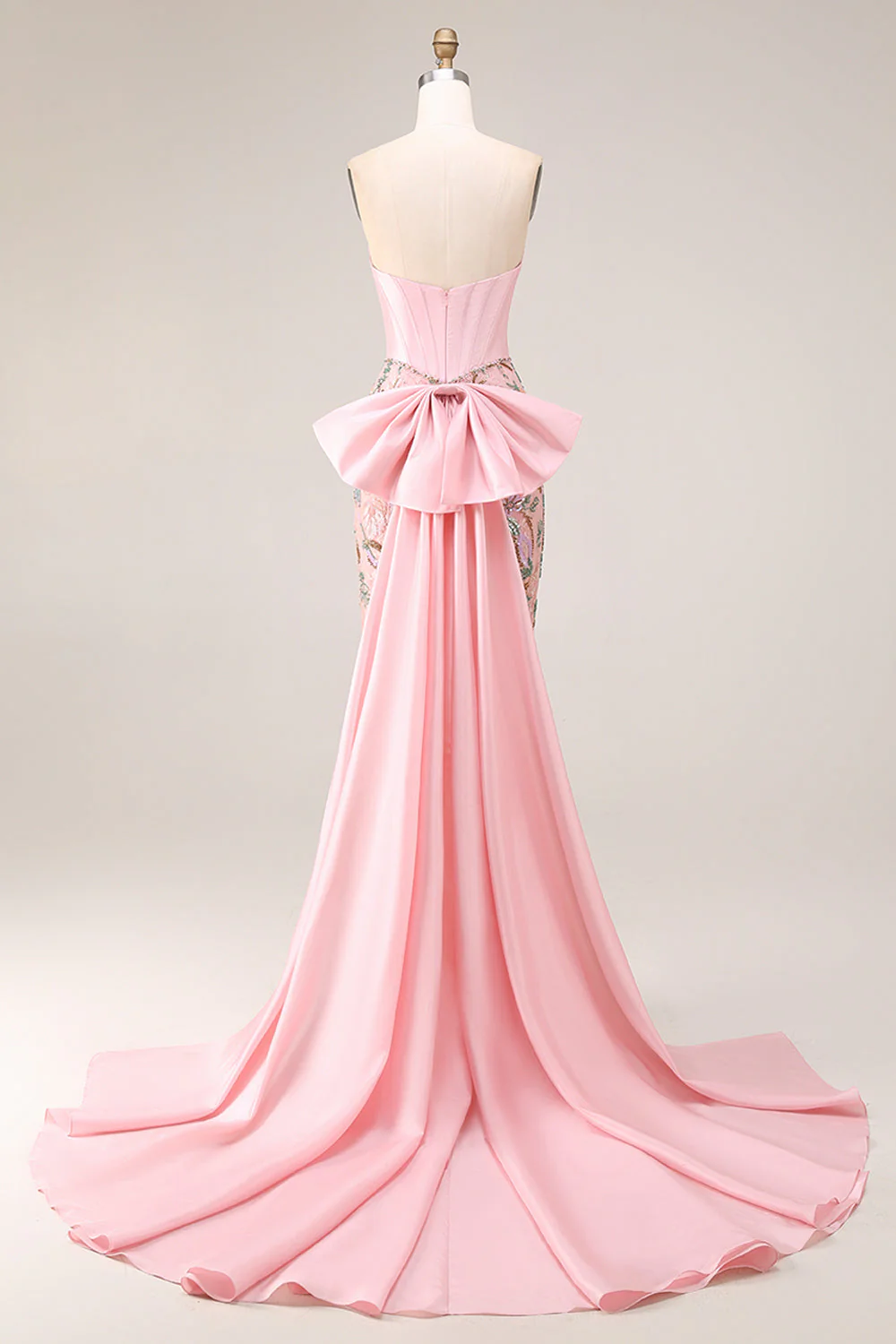 Sparkly Pink Appliqued Basque Waist Mermaid Long Prom Dress with Bowknot - Image 2
