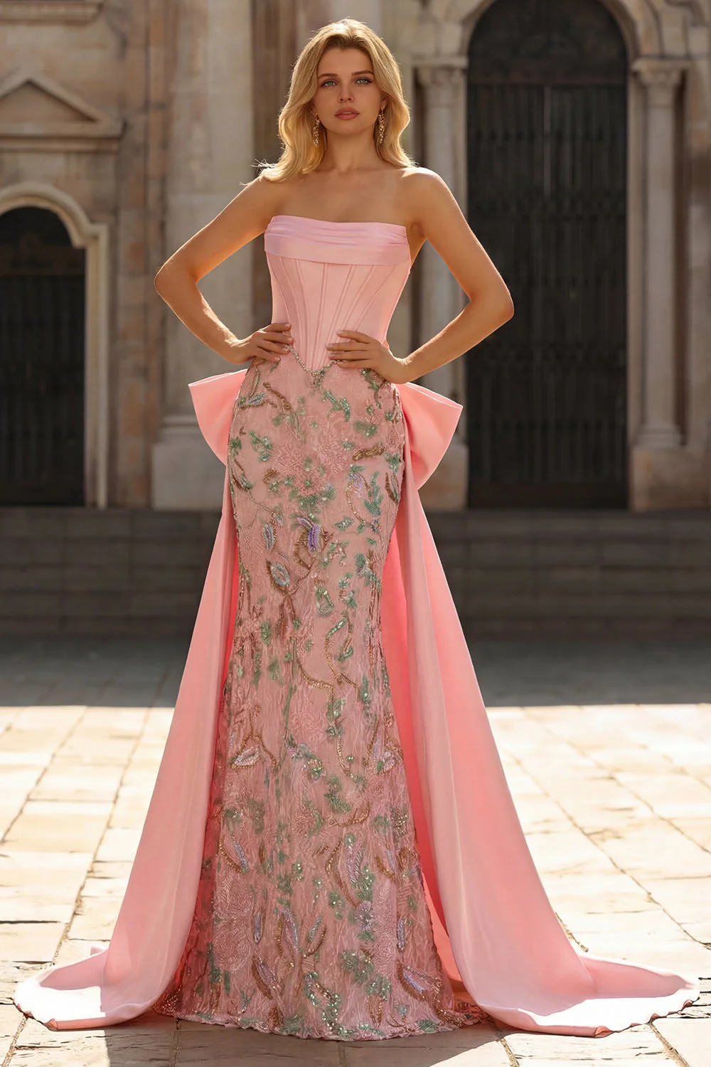Sparkly Pink Appliqued Basque Waist Mermaid Long Prom Dress with Bowknot - Image 3