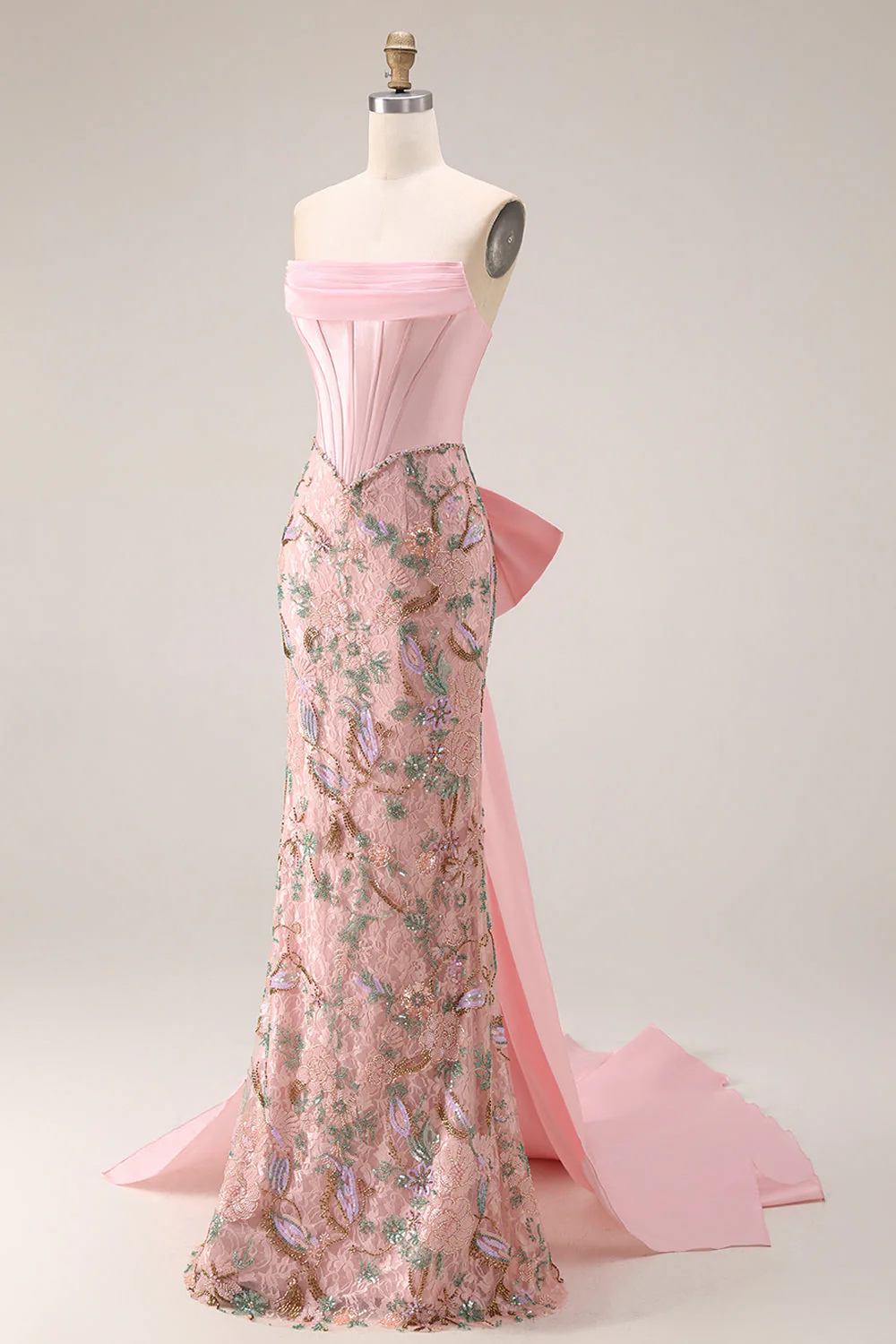Sparkly Pink Appliqued Basque Waist Mermaid Long Prom Dress with Bowknot - Image 5