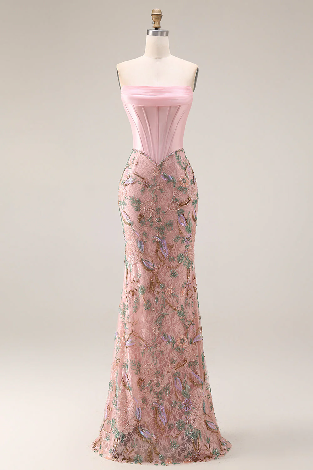 Sparkly Pink Appliqued Basque Waist Mermaid Long Prom Dress with Bowknot - Image 6