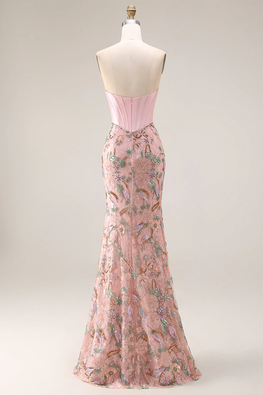 Sparkly Pink Appliqued Basque Waist Mermaid Long Prom Dress with Bowknot - Image 7