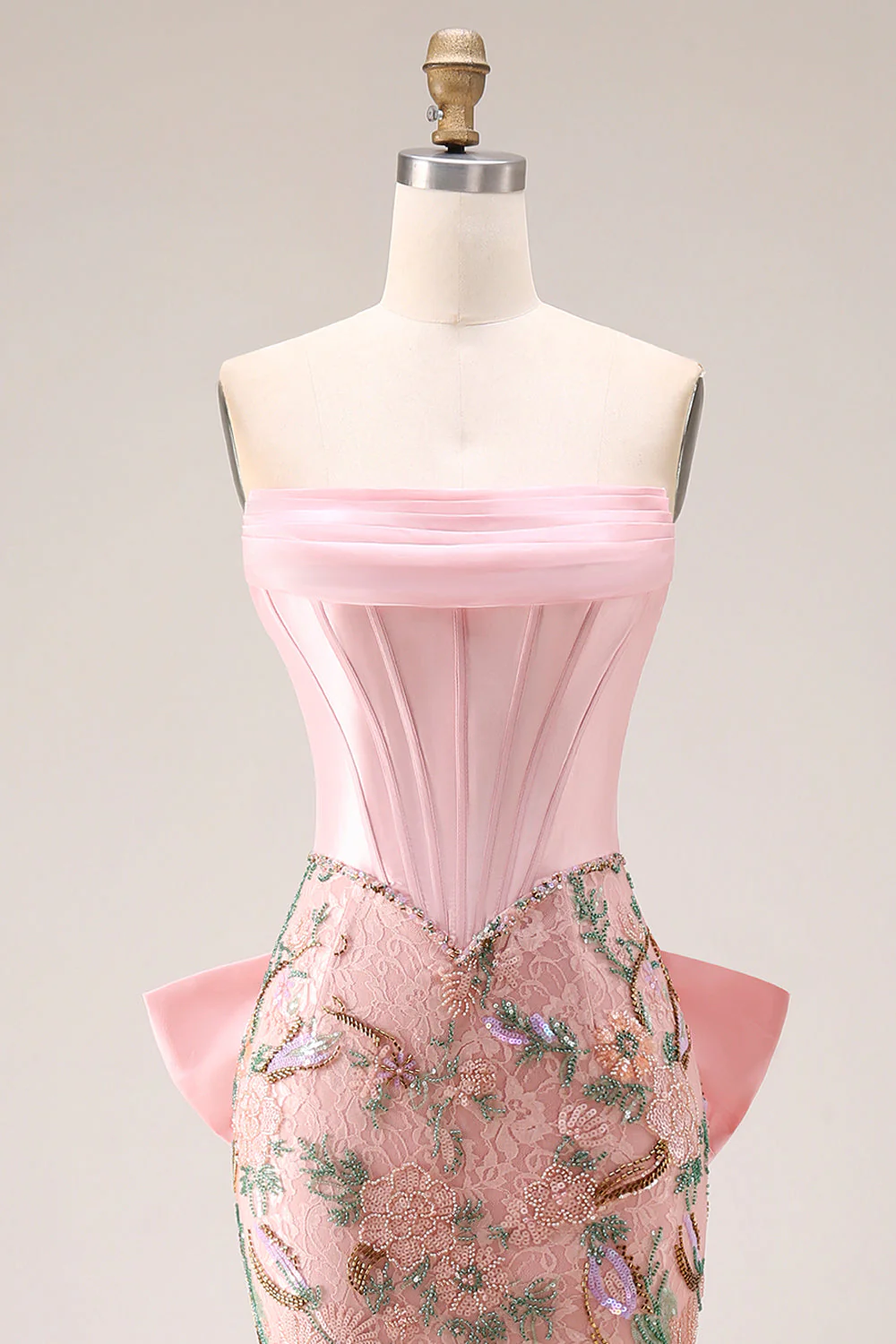 Sparkly Pink Appliqued Basque Waist Mermaid Long Prom Dress with Bowknot - Image 8