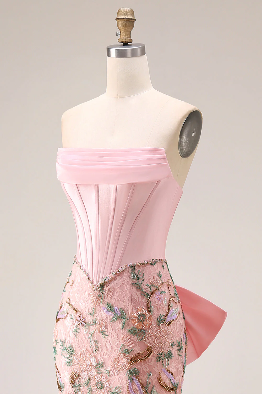 Sparkly Pink Appliqued Basque Waist Mermaid Long Prom Dress with Bowknot - Image 9