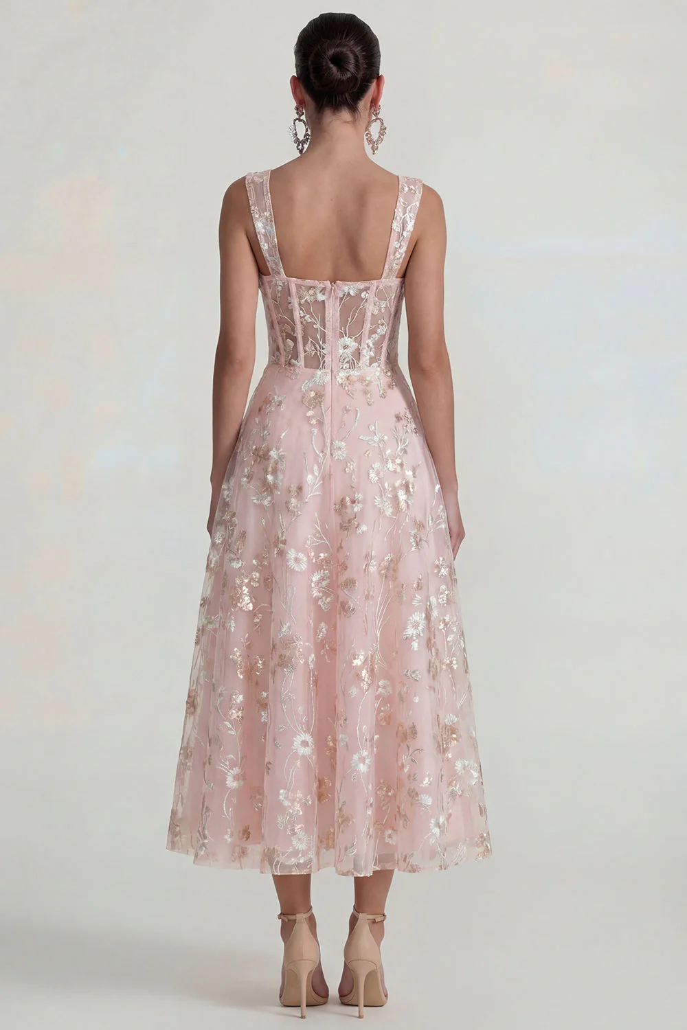 Sparkly Pink A Line Square Neck Corset Midi Dress - Image 2