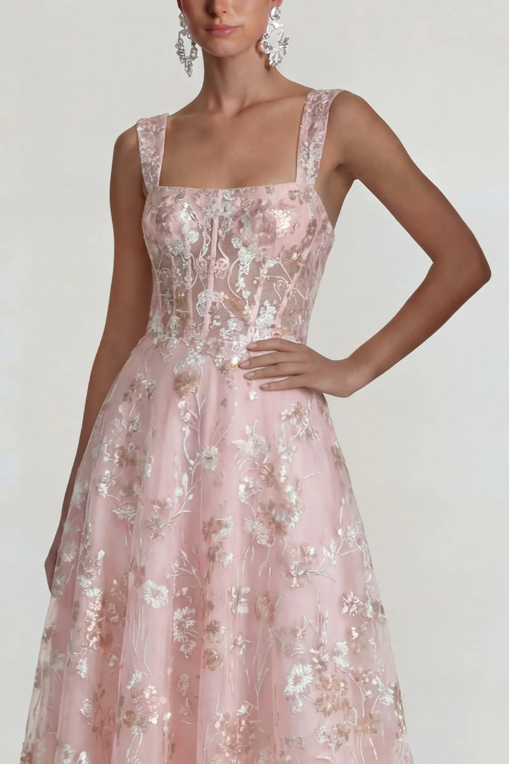 Sparkly Pink A Line Square Neck Corset Midi Dress - Image 3
