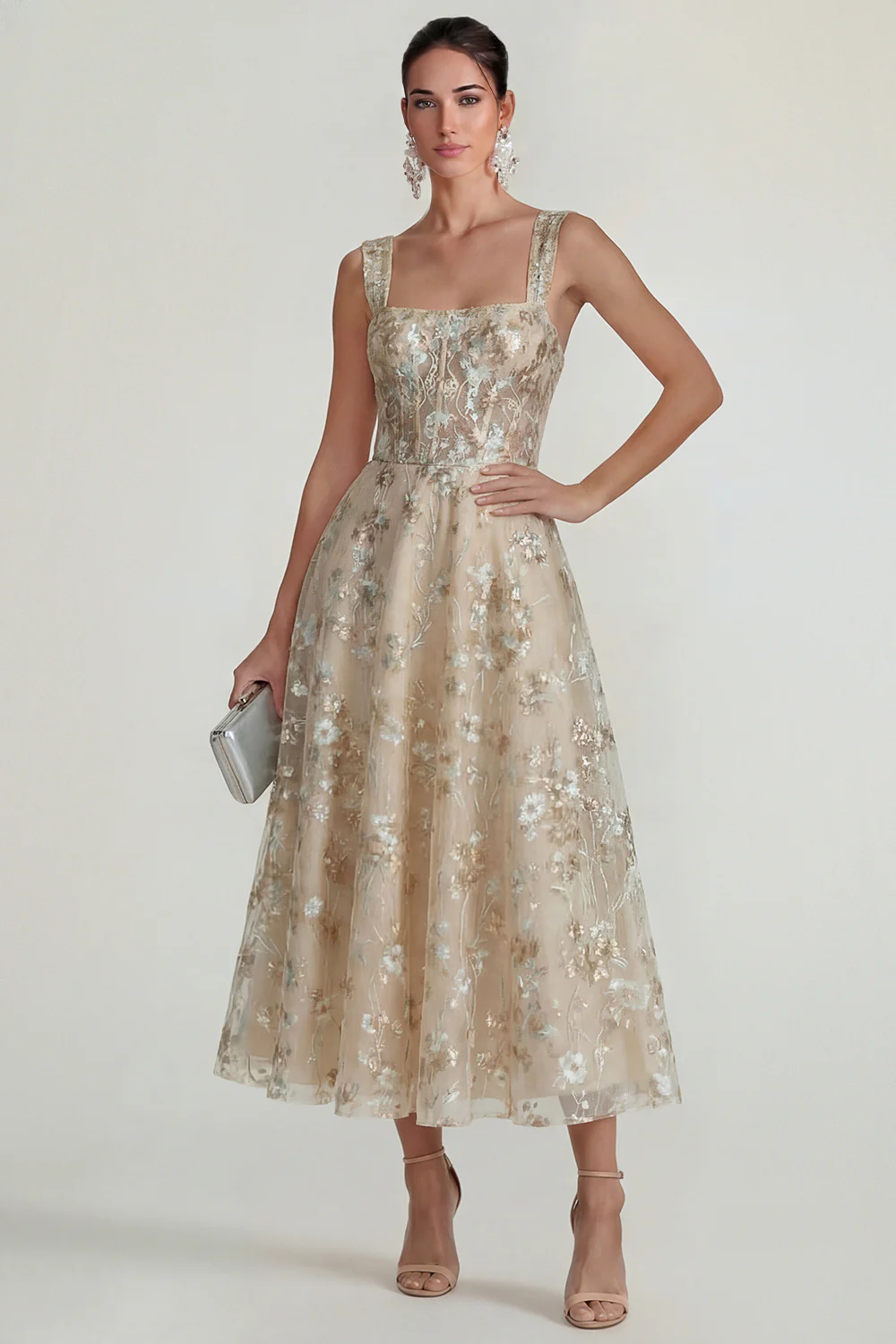 Sparkly Pink A Line Square Neck Corset Midi Dress - Image 9