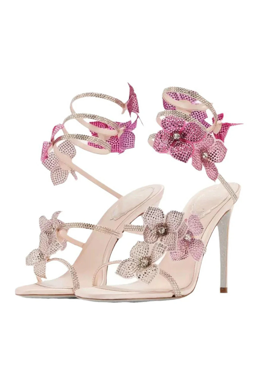 Sparkly Pink Beaded Strappy Stiletto Heel Sandals with 3D Flowers - Image 2