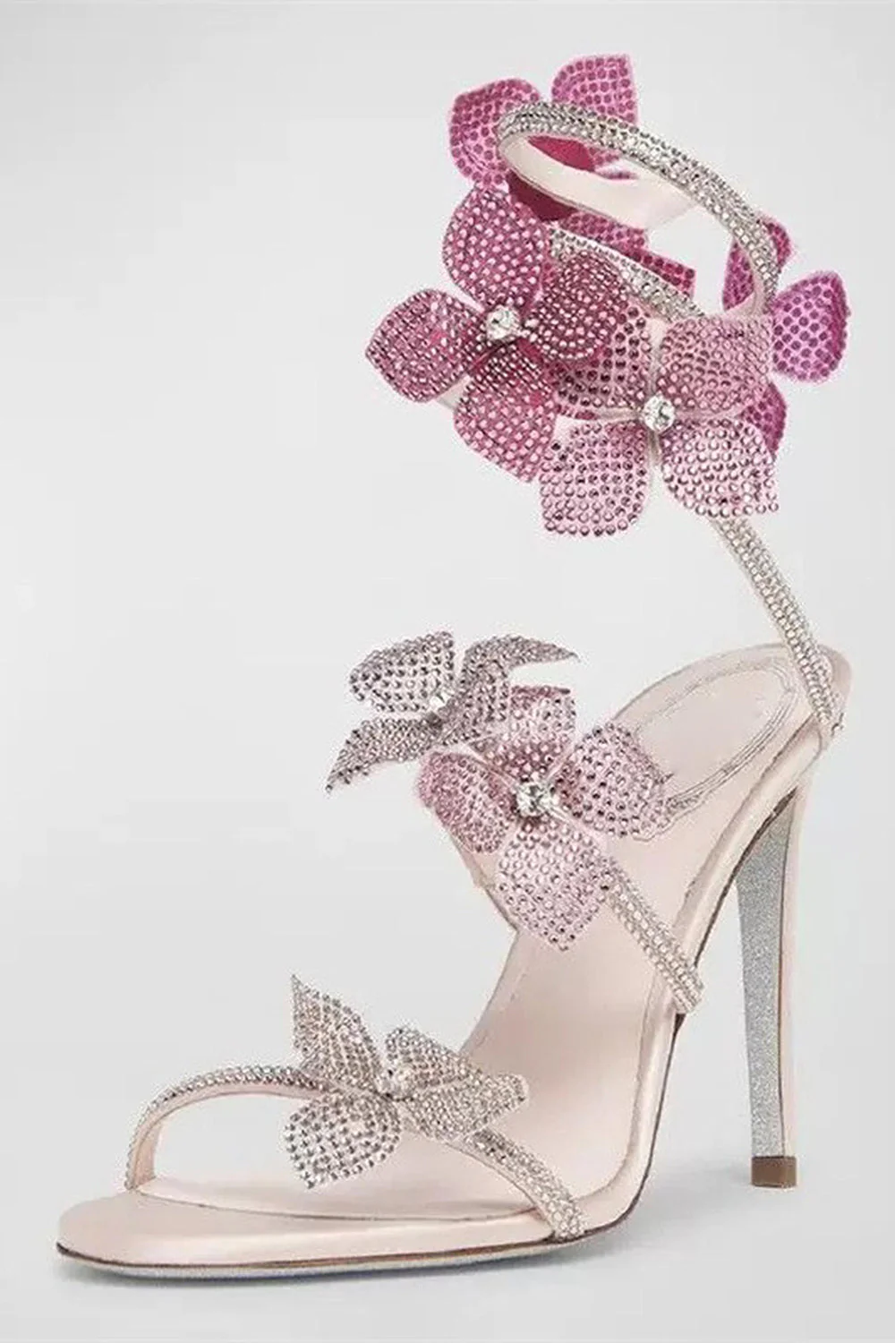 Sparkly Pink Beaded Strappy Stiletto Heel Sandals with 3D Flowers - Image 3