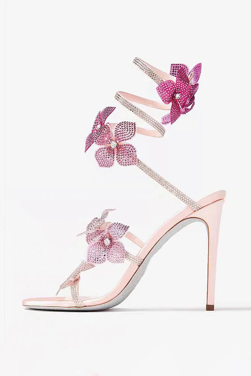 Sparkly Pink Beaded Strappy Stiletto Heel Sandals with 3D Flowers - Image 4