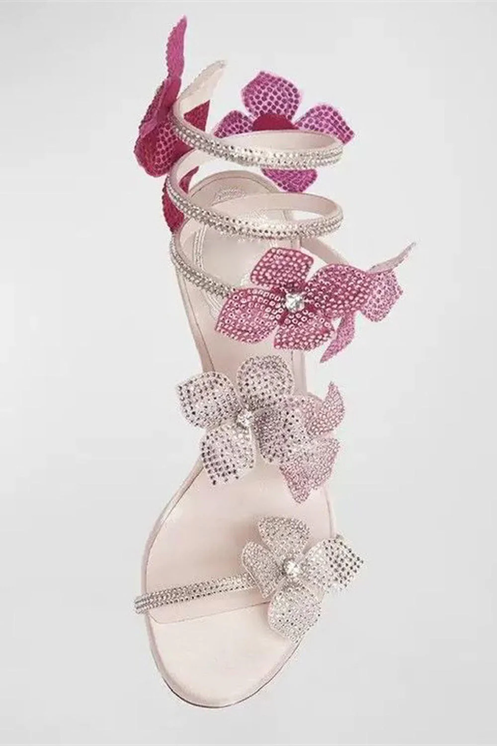 Sparkly Pink Beaded Strappy Stiletto Heel Sandals with 3D Flowers - Image 5