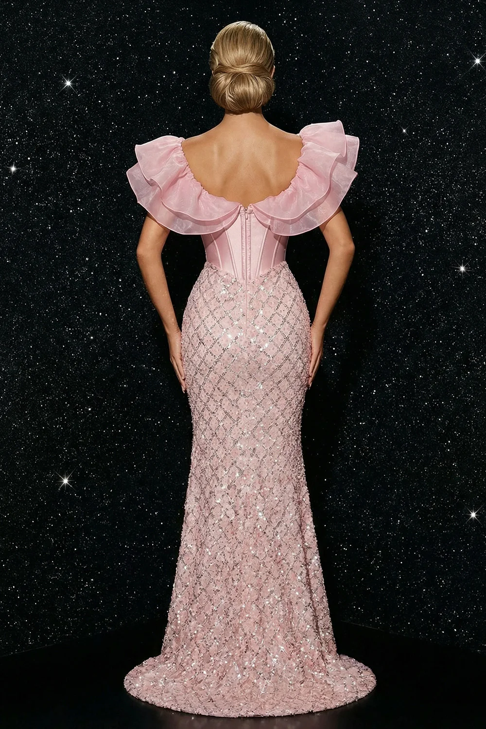Sparkly Pink Corset Mermaid Ruffle Sleeves Sequin Long Evening Dress with Slit - Image 2
