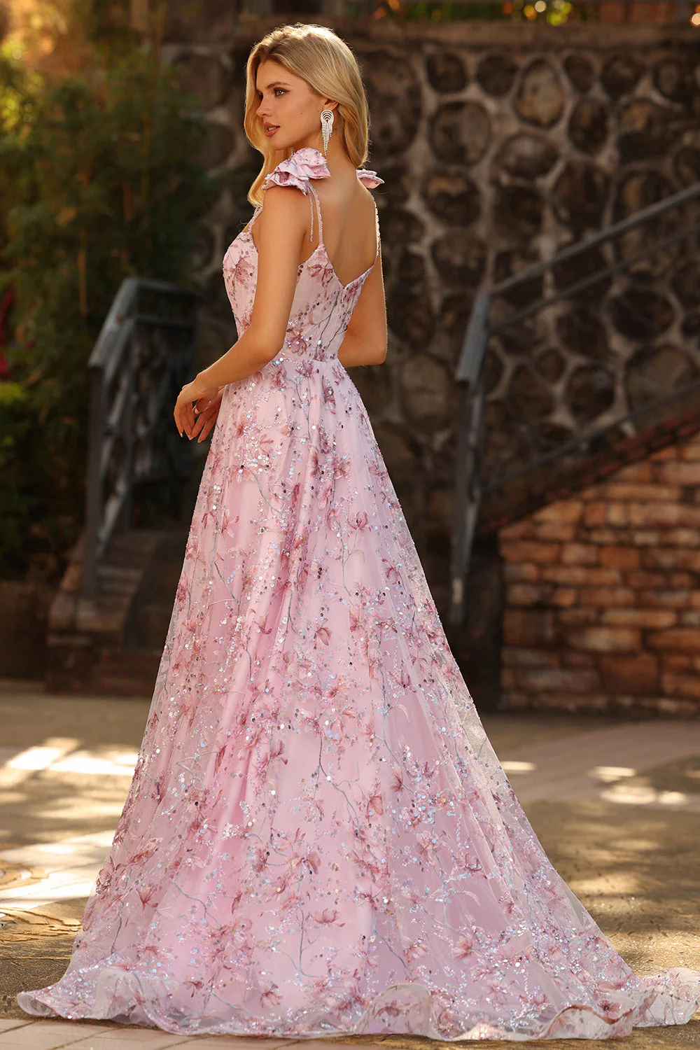 Sparkly Pink Floral A-Line Sequin Long Prom Dress with Bows - Image 2