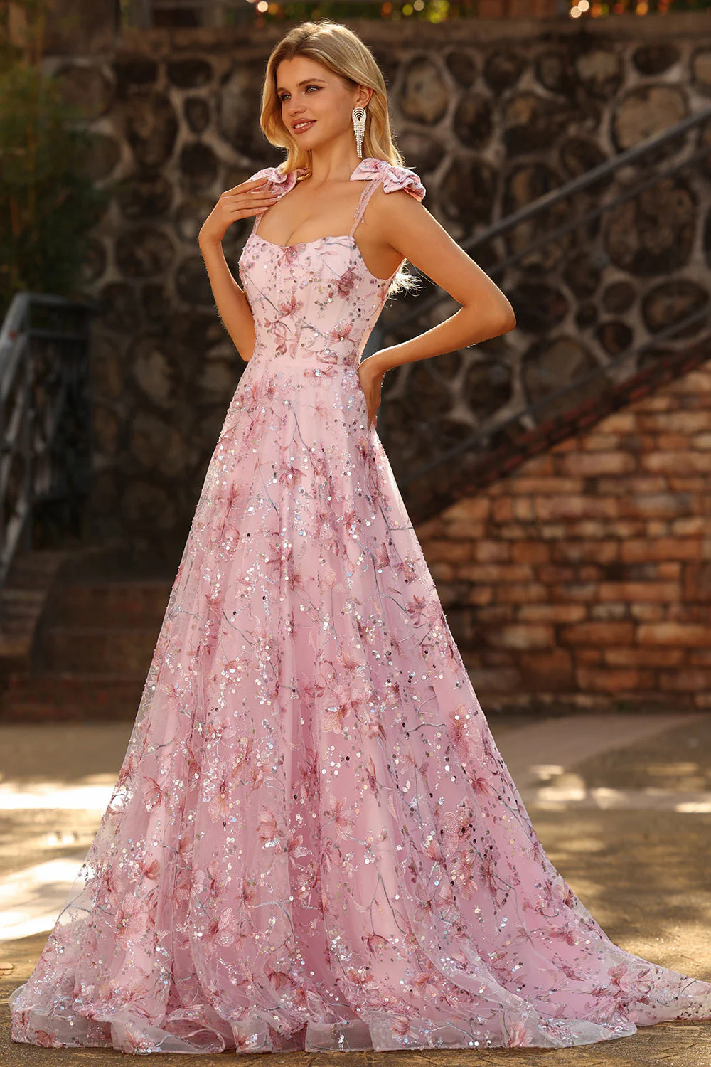 Sparkly Pink Floral A-Line Sequin Long Prom Dress with Bows - Image 3