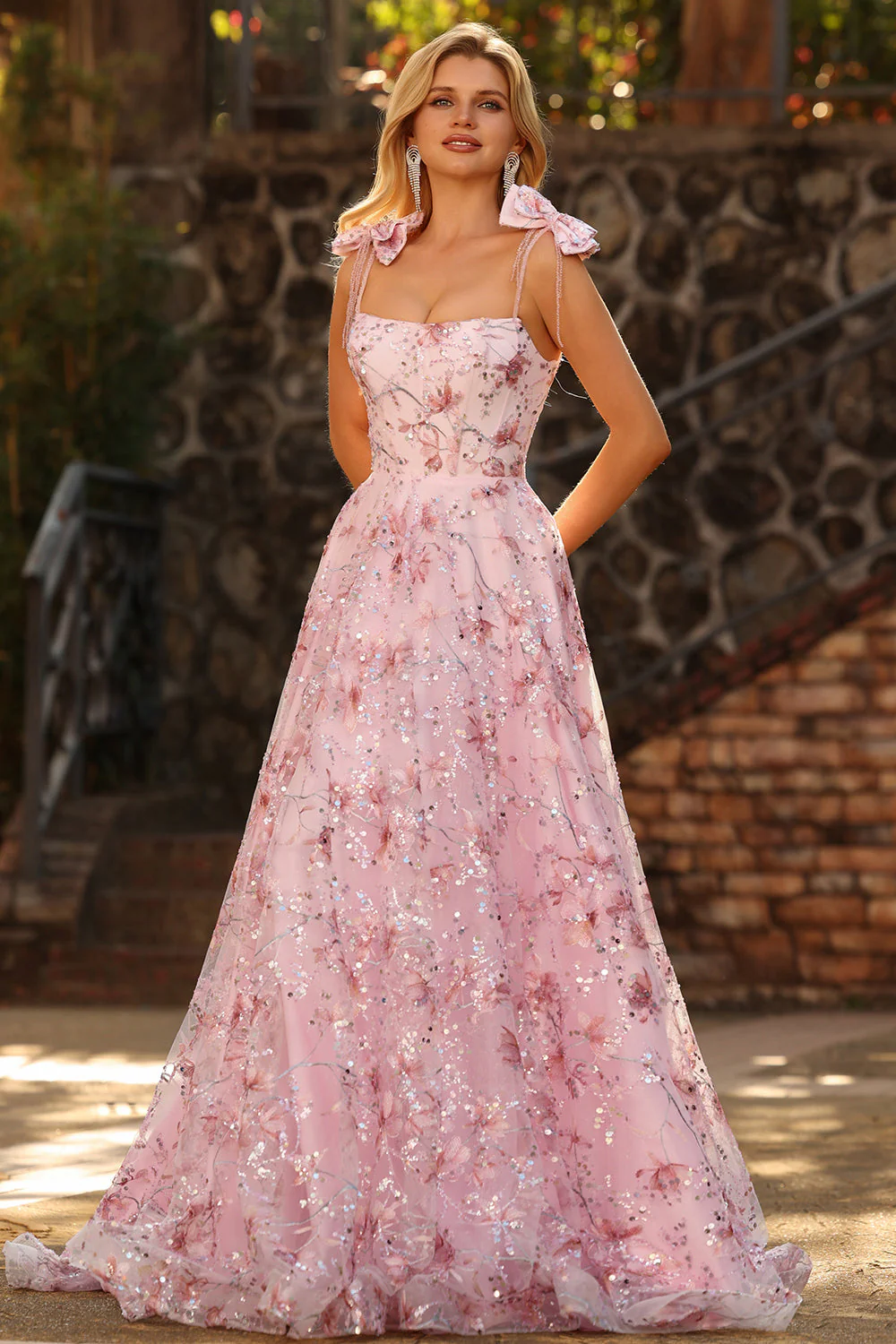 Sparkly Pink Floral A-Line Sequin Long Prom Dress with Bows - Image 4