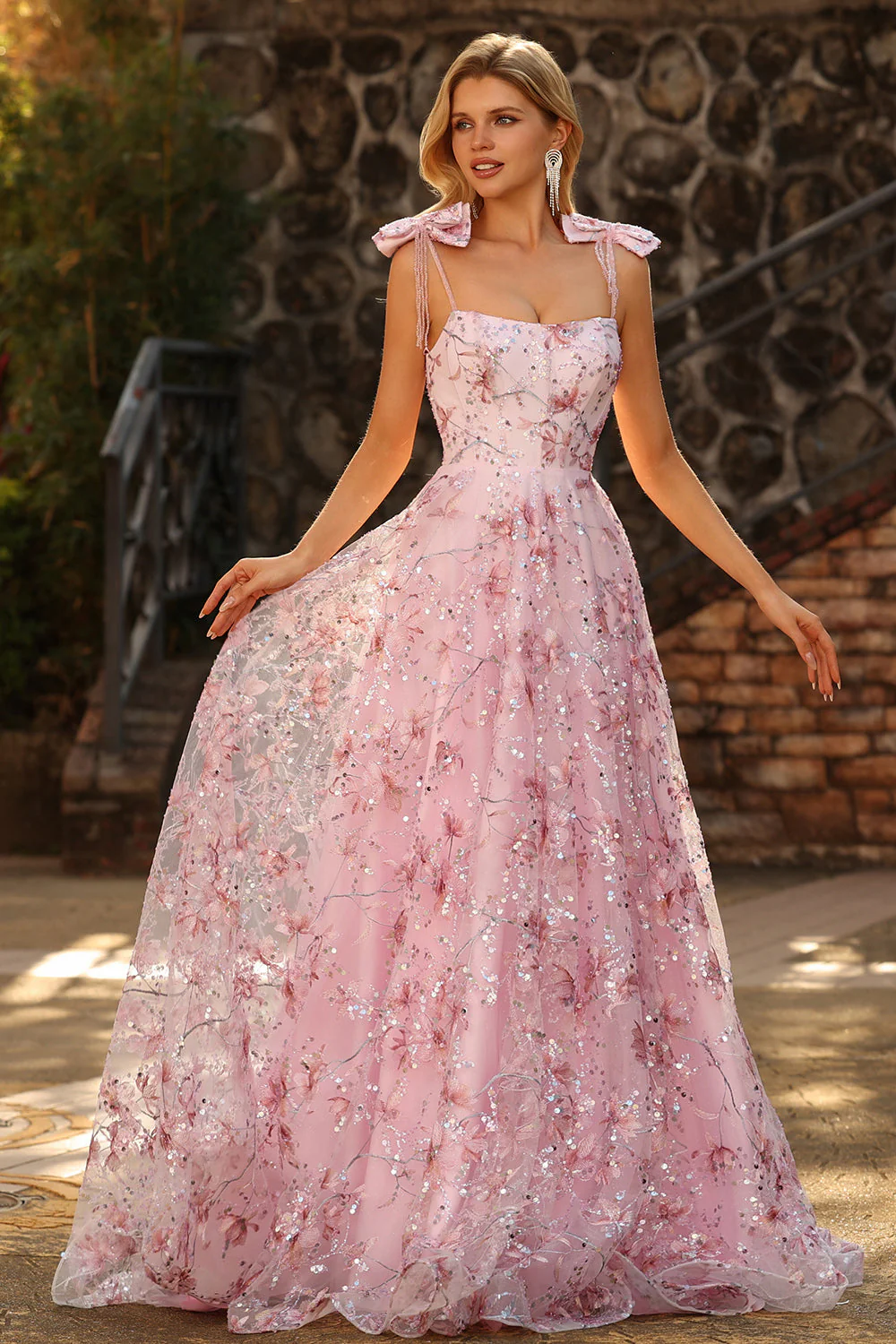 Sparkly Pink Floral A-Line Sequin Long Prom Dress with Bows - Image 5