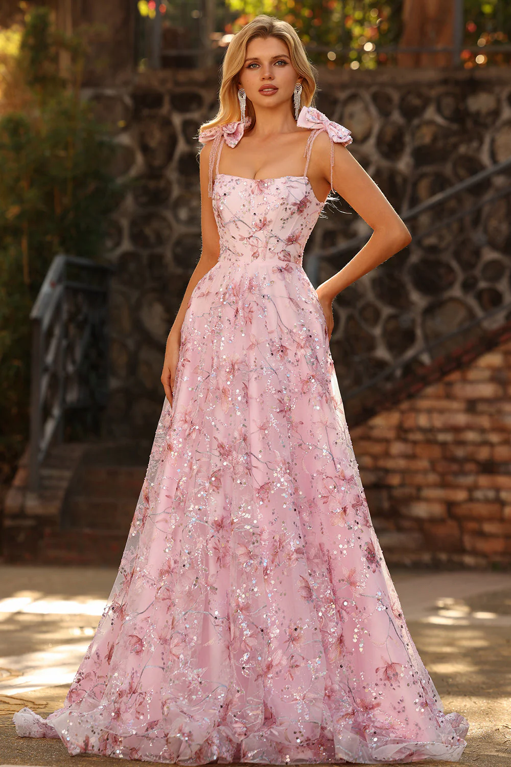 Sparkly Pink Floral A-Line Sequin Long Prom Dress with Bows - Image 6
