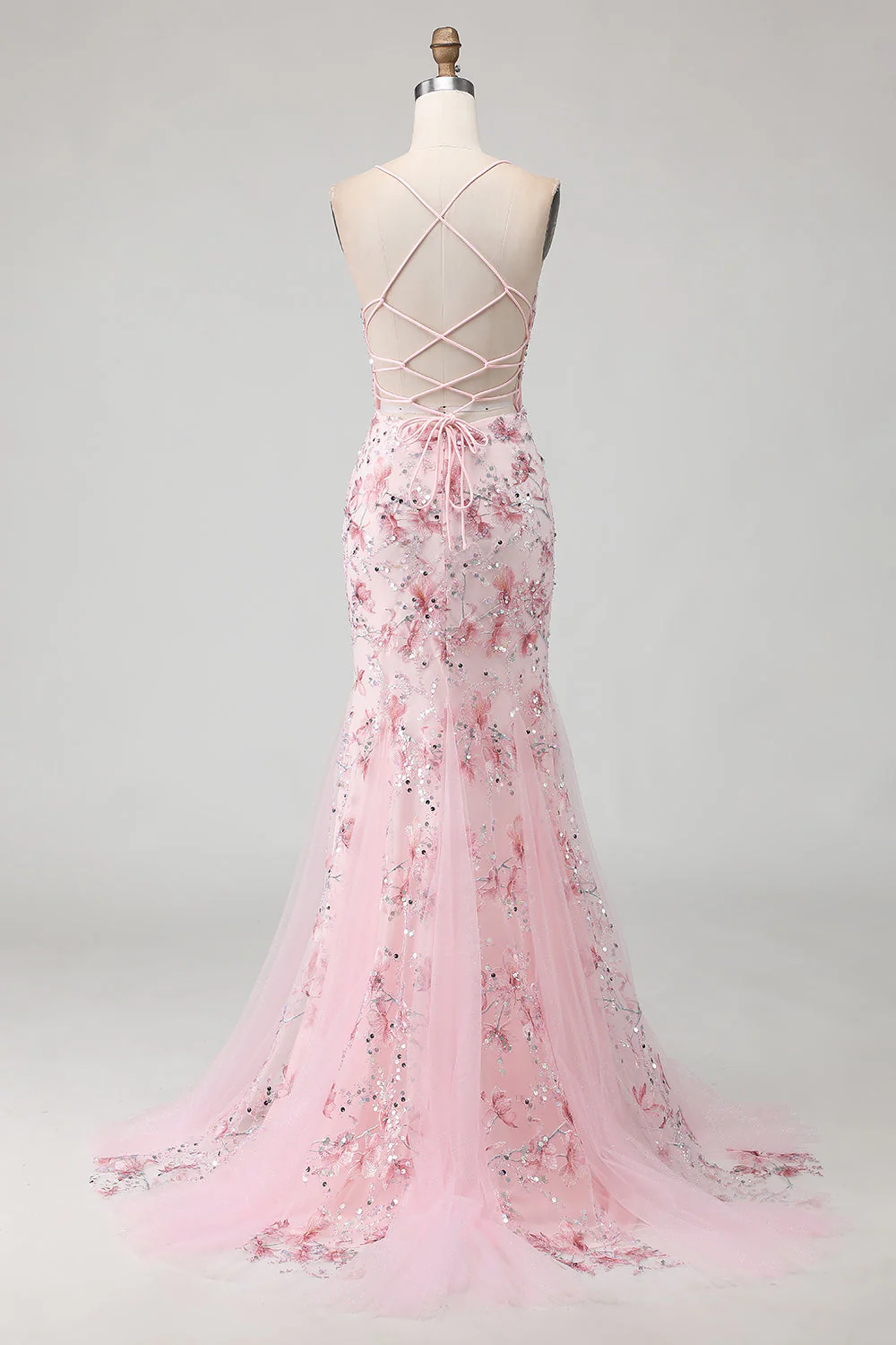 Sparkly Pink Floral Corset Mermaid Long Prom Dress with Sequins - Image 2