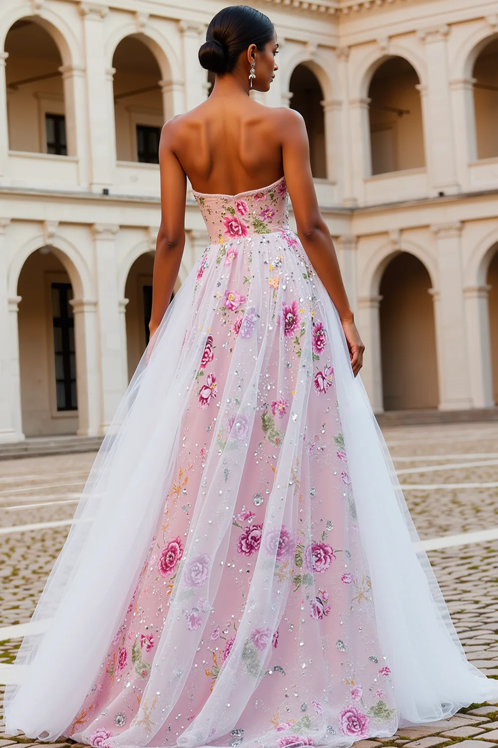 Sparkly Pink Floral Strapless A Line Beaded Long Prom Dress - Image 2