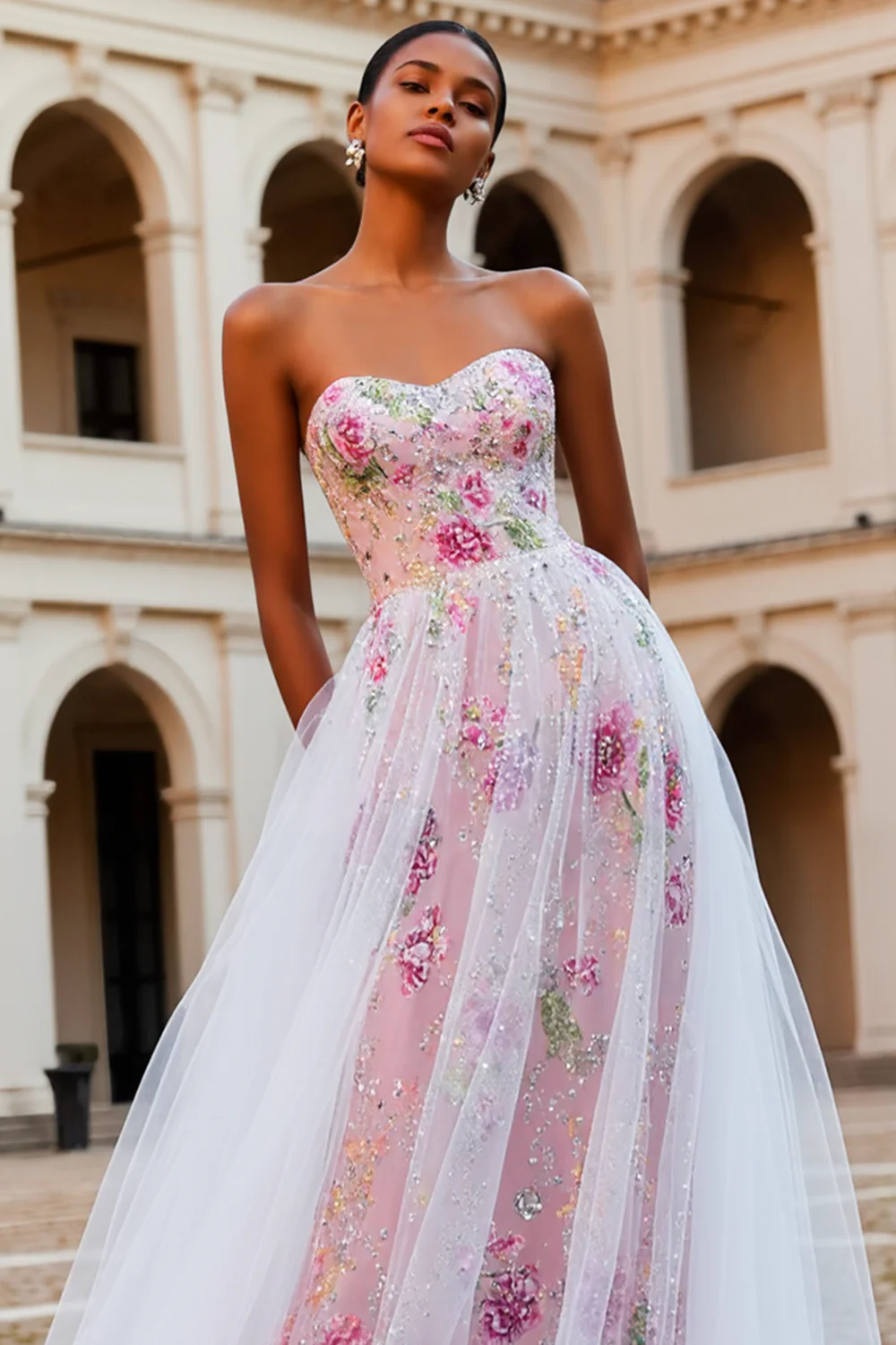 Sparkly Pink Floral Strapless A Line Beaded Long Prom Dress - Image 3