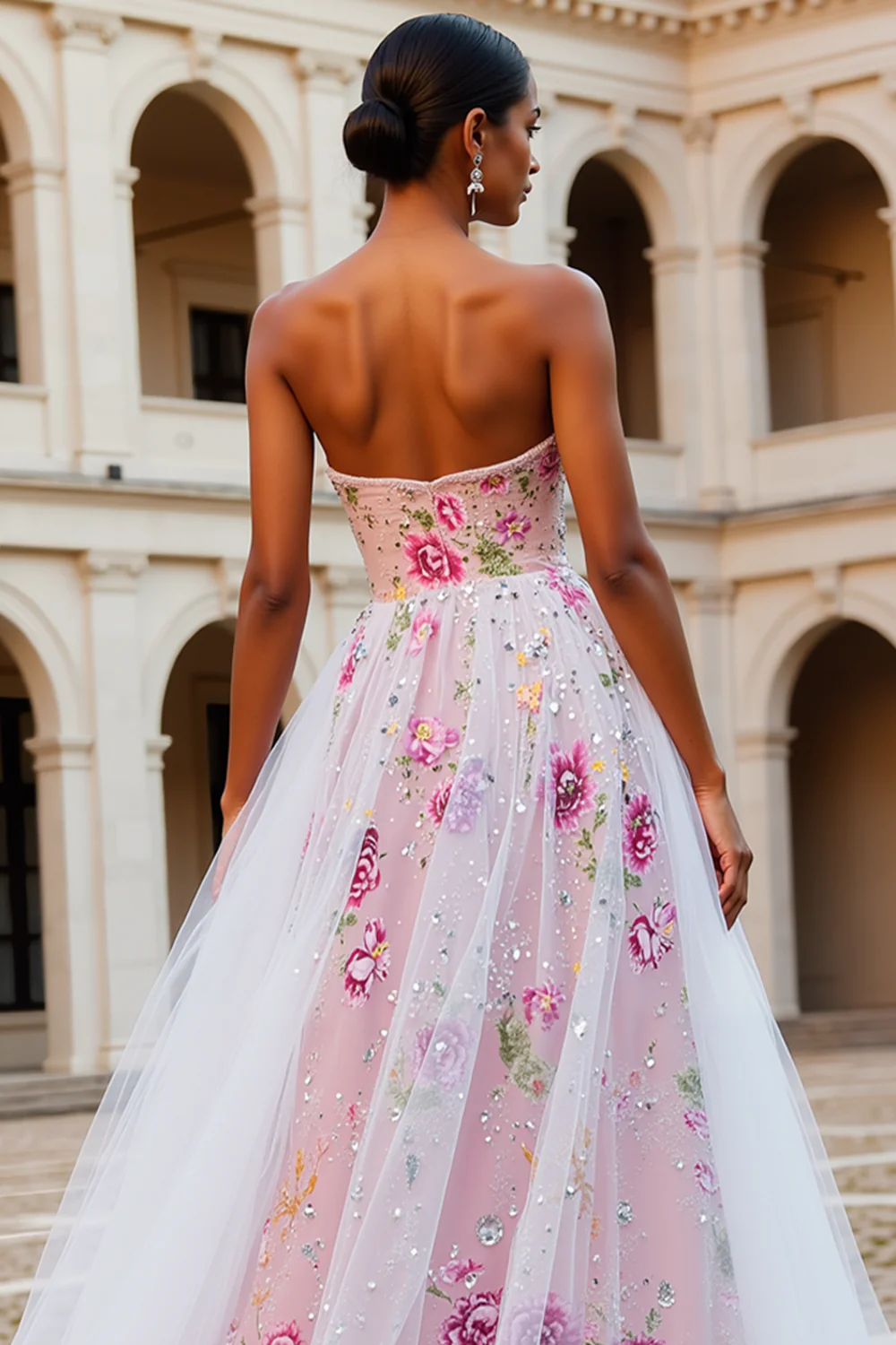 Sparkly Pink Floral Strapless A Line Beaded Long Prom Dress - Image 4