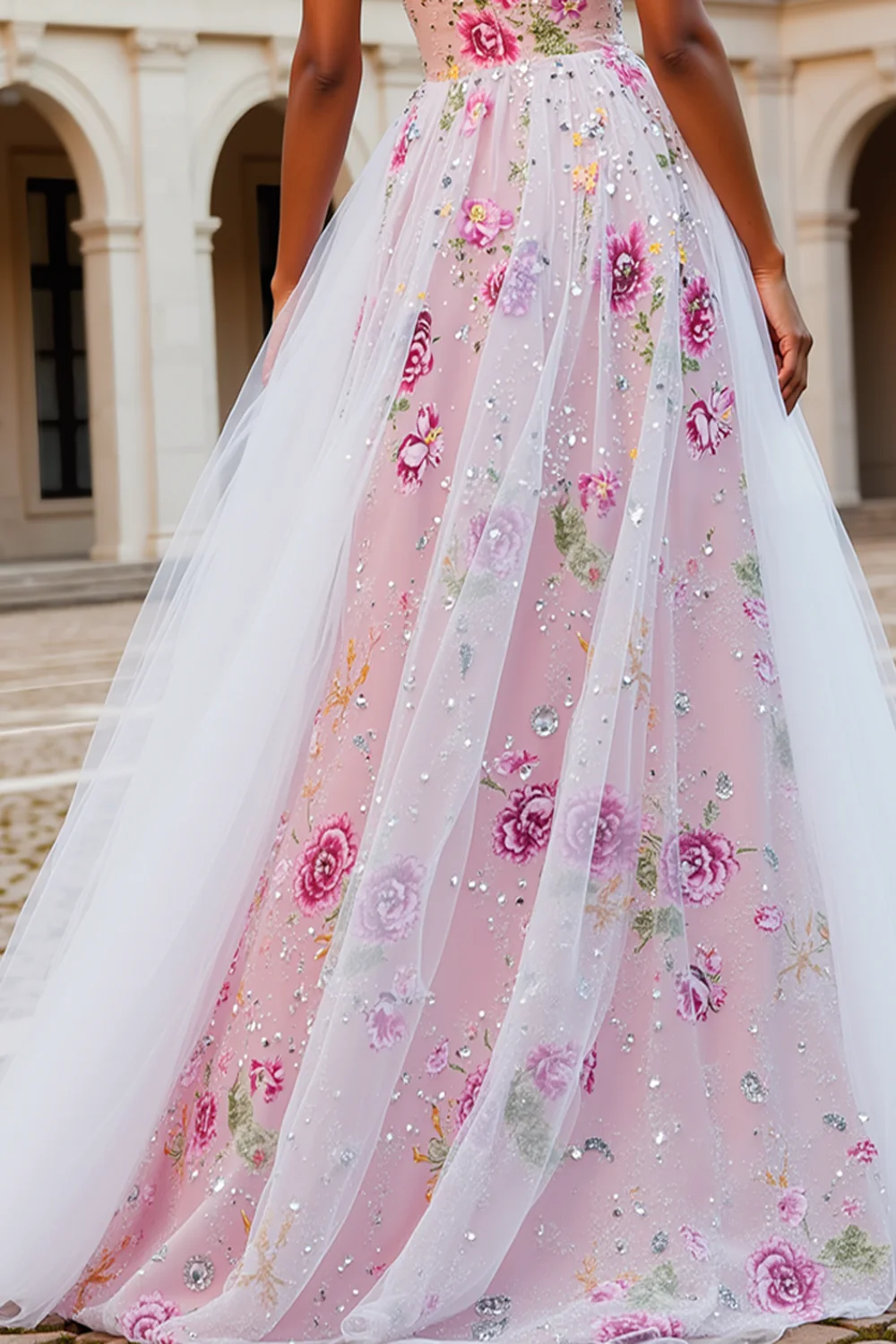 Sparkly Pink Floral Strapless A Line Beaded Long Prom Dress - Image 5