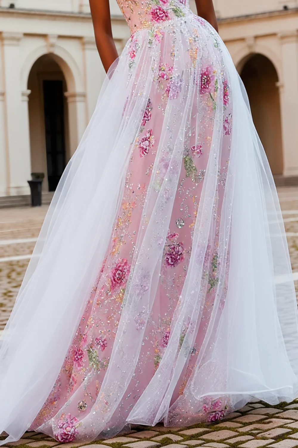 Sparkly Pink Floral Strapless A Line Beaded Long Prom Dress - Image 6