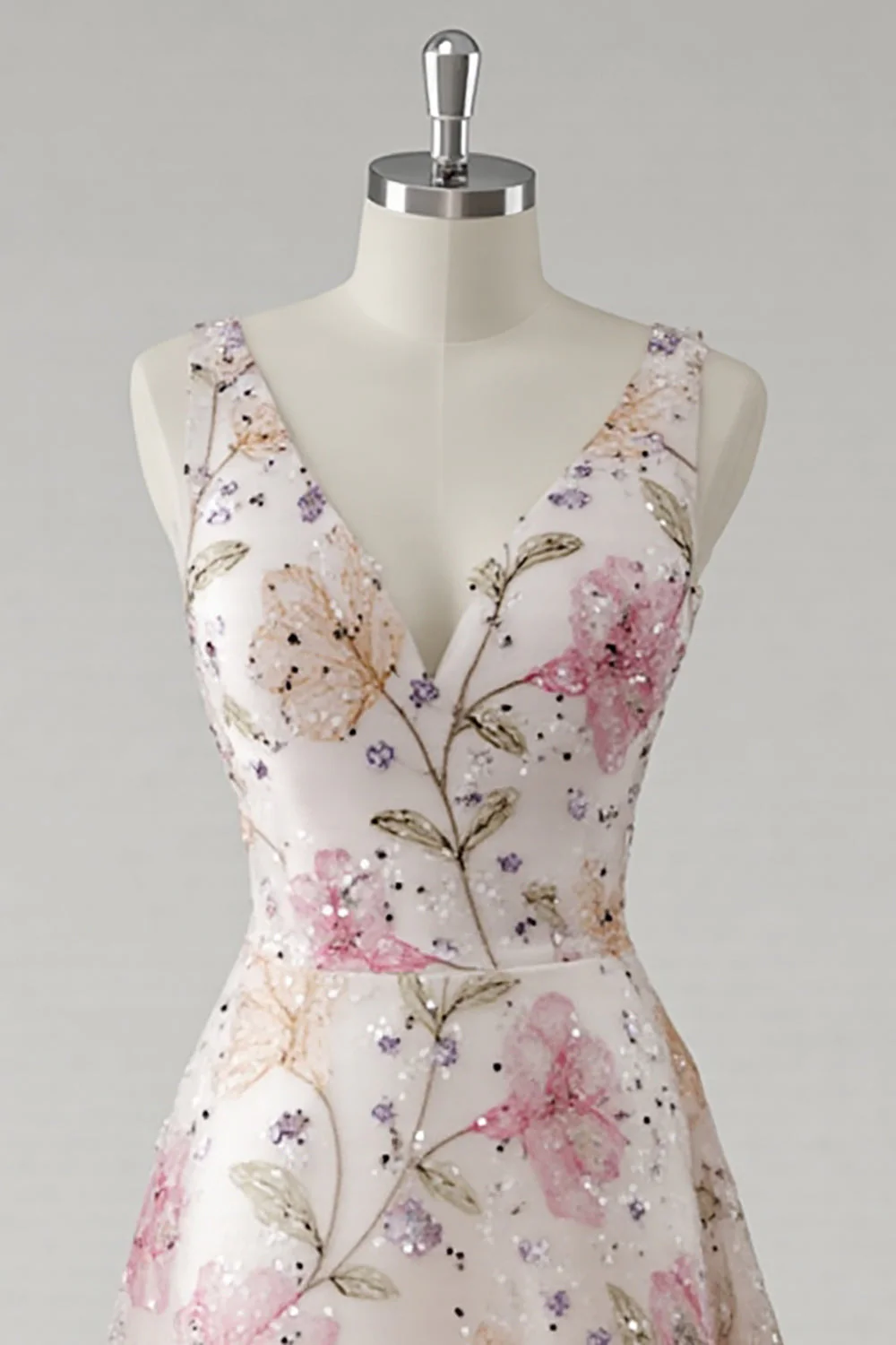 Sparkly Pink Floral V Neck Prom Dress - Image 3