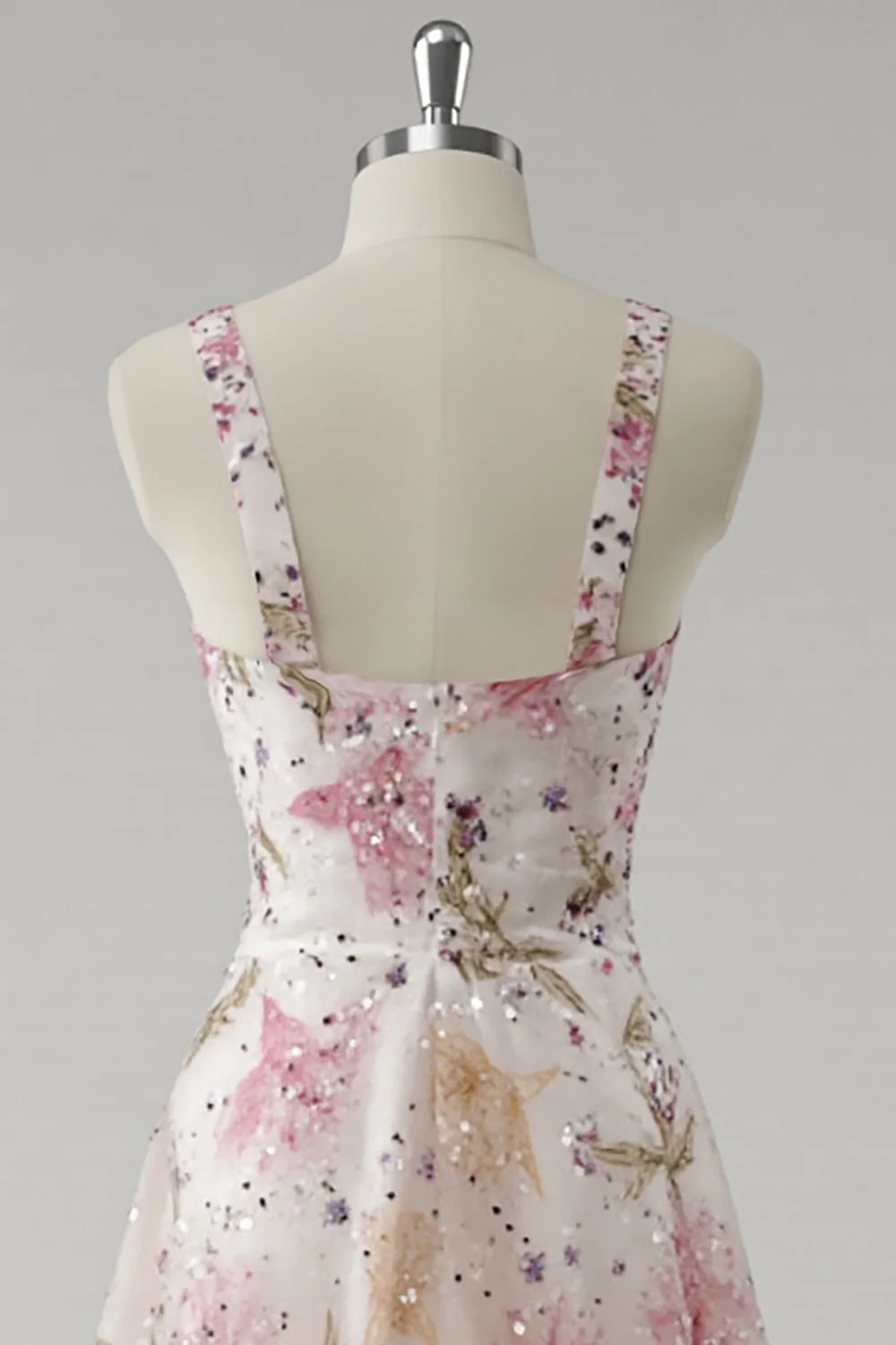 Sparkly Pink Floral V Neck Prom Dress - Image 4
