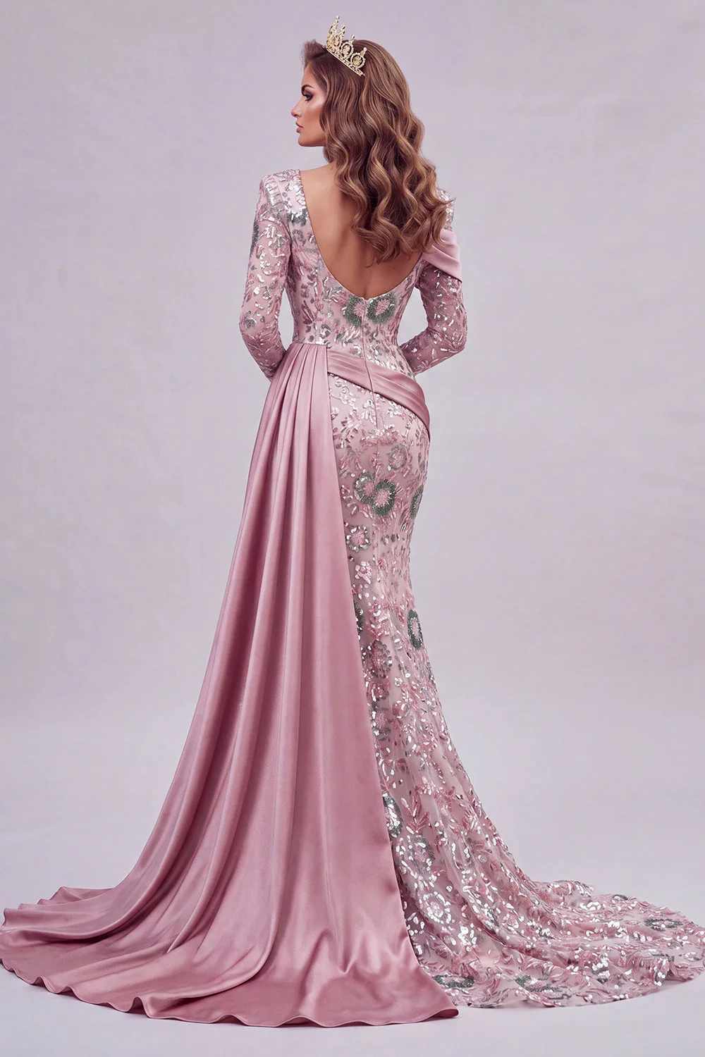 Sparkly Pink Long Sleeves Mermaid Evening Dress with Side Cape - Image 2