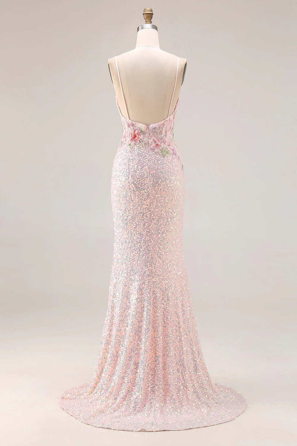 Sparkly Pink Mermaid Beaded Backless Embroidered Long Prom Dress with Slit - Image 2