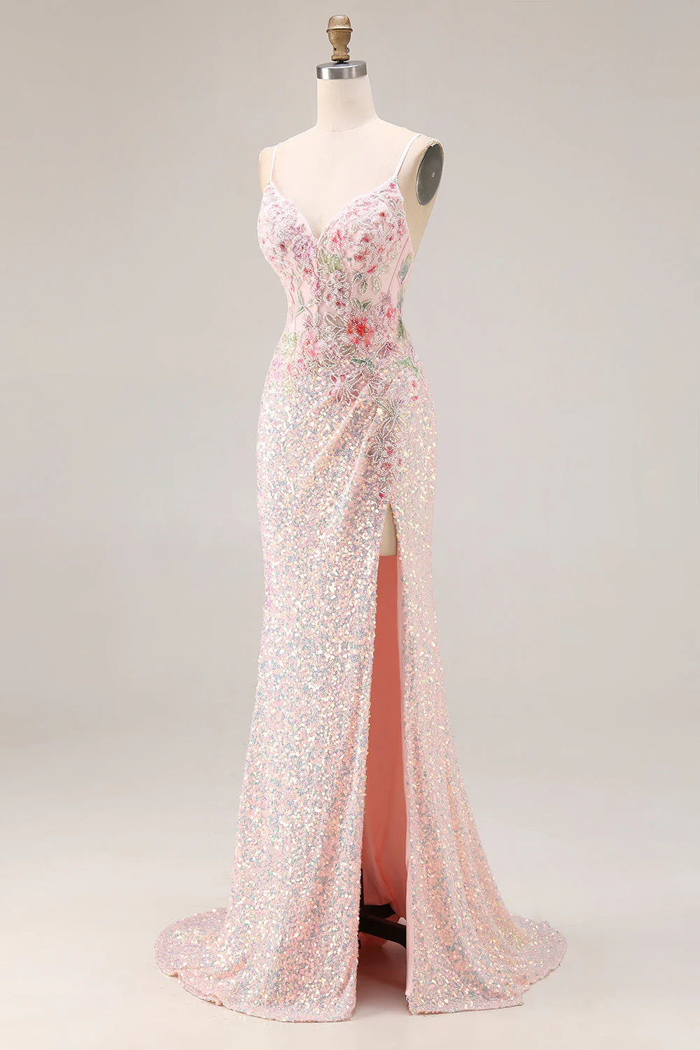 Sparkly Pink Mermaid Beaded Backless Embroidered Long Prom Dress with Slit - Image 3