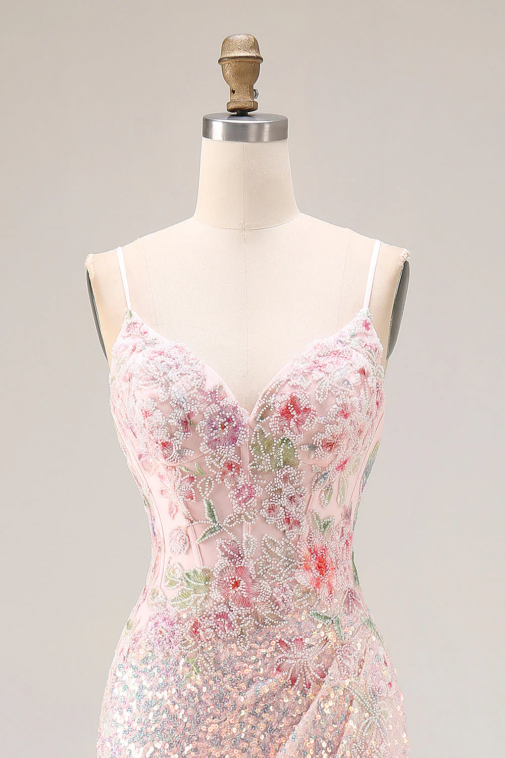 Sparkly Pink Mermaid Beaded Backless Embroidered Long Prom Dress with Slit - Image 4