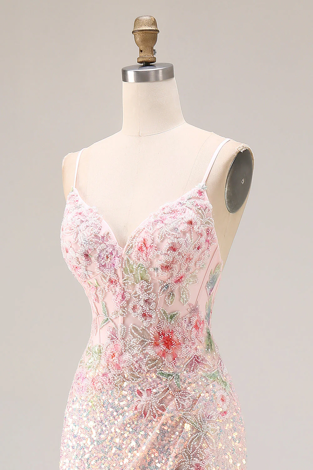 Sparkly Pink Mermaid Beaded Backless Embroidered Long Prom Dress with Slit - Image 6