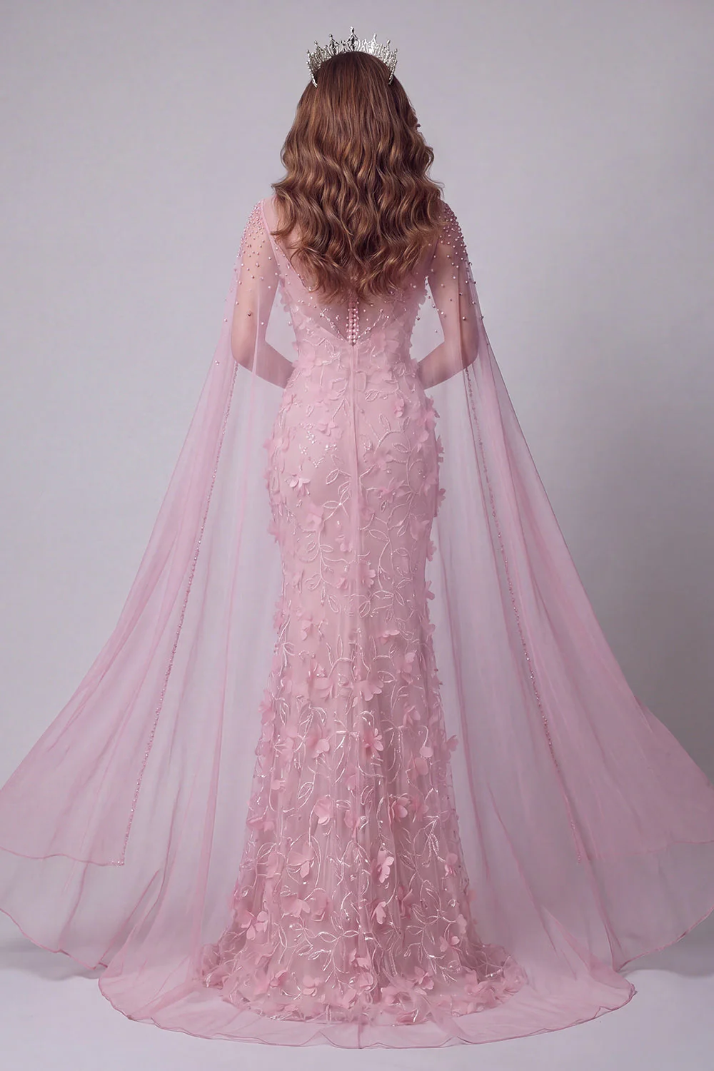 Pink Mermaid Illusion Neck 3D Flowers Long Evening Dress with Cape - Image 2
