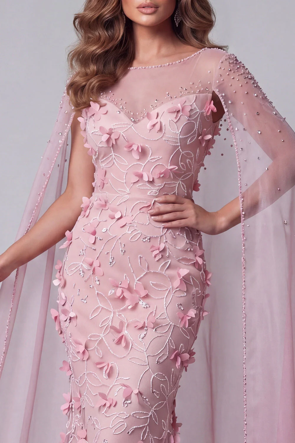 Pink Mermaid Illusion Neck 3D Flowers Long Evening Dress with Cape - Image 3