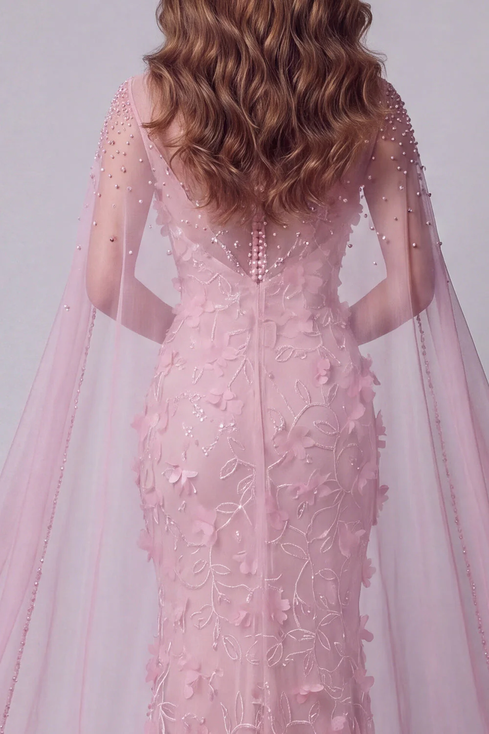 Pink Mermaid Illusion Neck 3D Flowers Long Evening Dress with Cape - Image 4