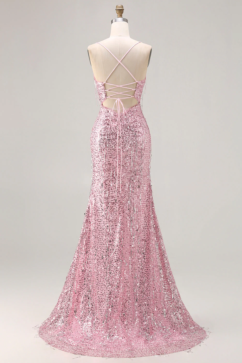 Sparkly Pink Mermaid Lace Up Back Sequin Long Prom Dress with Slit - Image 2