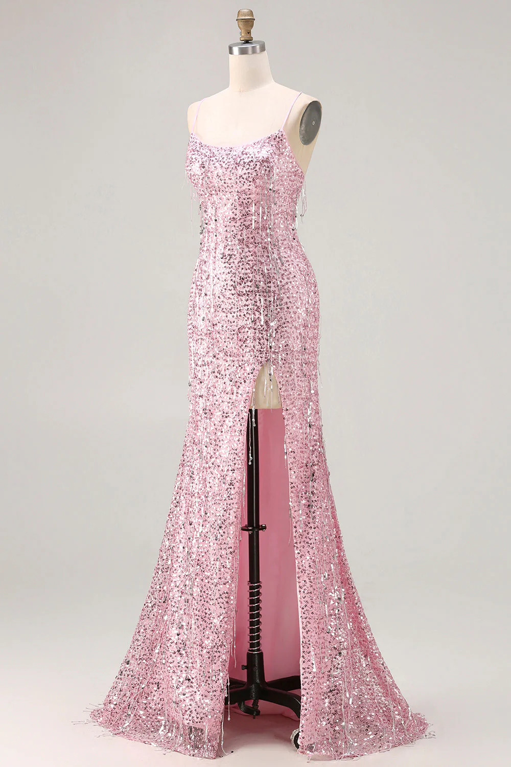 Sparkly Pink Mermaid Lace Up Back Sequin Long Prom Dress with Slit - Image 3