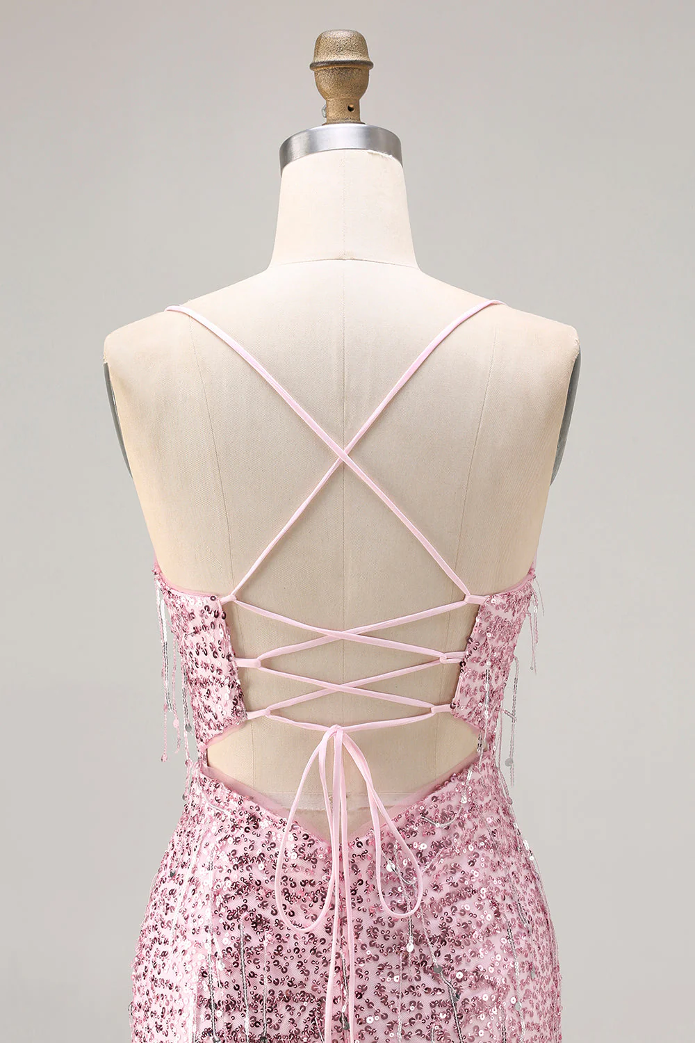 Sparkly Pink Mermaid Lace Up Back Sequin Long Prom Dress with Slit - Image 5